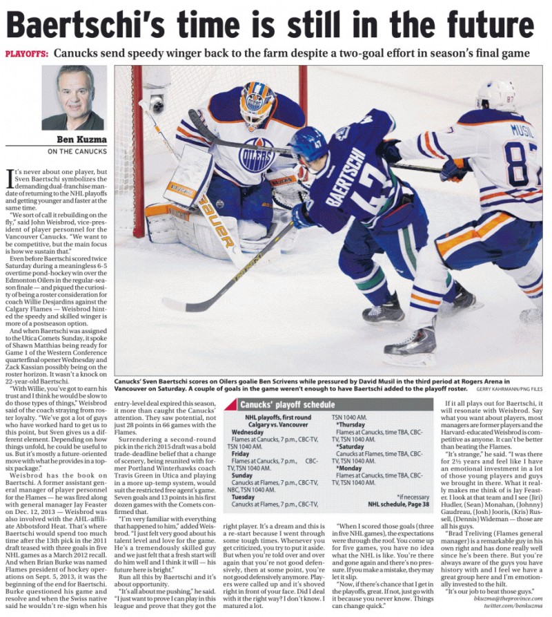 Sven Baertschi pourrait réintégrer les Canucks pendant les séries