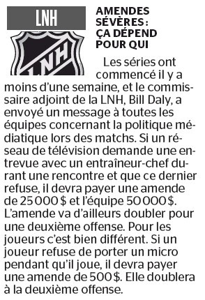 NHL : 75'000 $ d'amende l'interview refusée