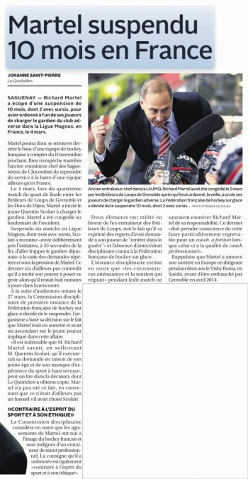 Richard Martel suspendu 10 mois en France