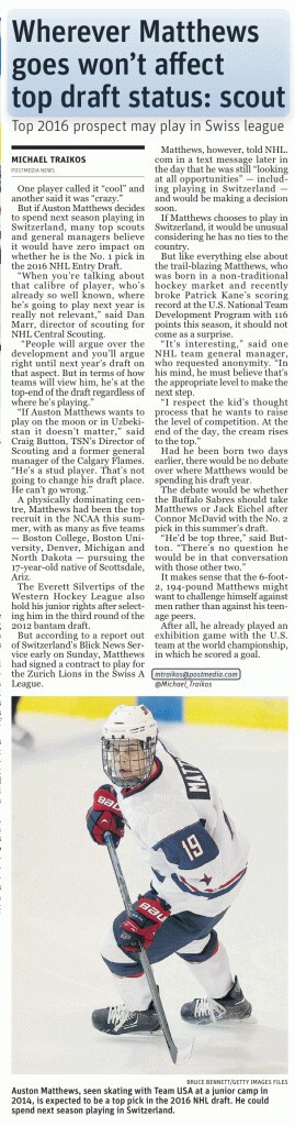 Auston Matthews dans le championnat suisse ? Pas d'influence sur son rang de repêchage