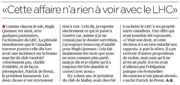 "L'affaire" Hugh Quennec n'aura pas d'incidence sur le Lausanne HC