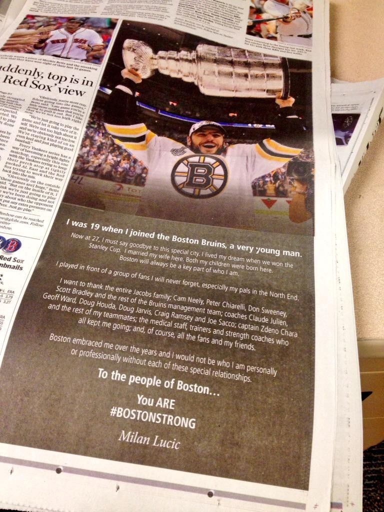 Milan Lucic remercie les fans des Bruins avec une page de publicité