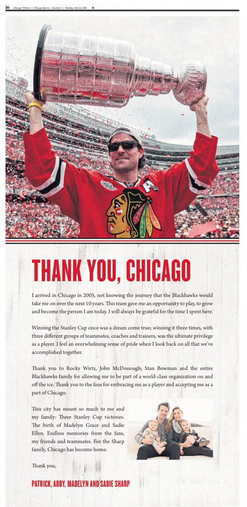 Patrick Sharp remercie lui aussi les fans avec une page de publicité