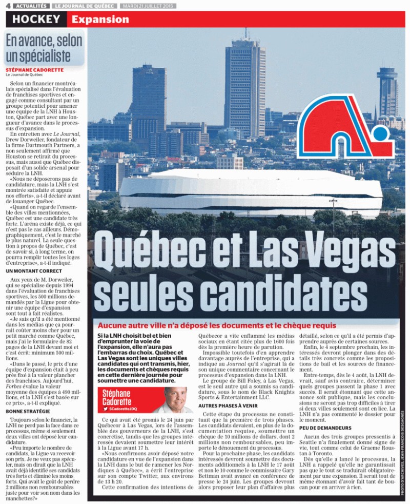 Expansion de la LNH : un pas d'avance pour Québec sur Las Vegas