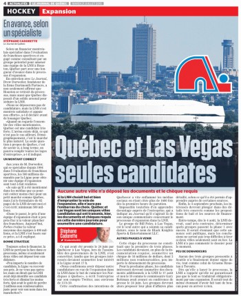 Expansion de la LNH : un pas d'avance pour Québec sur Las Vegas