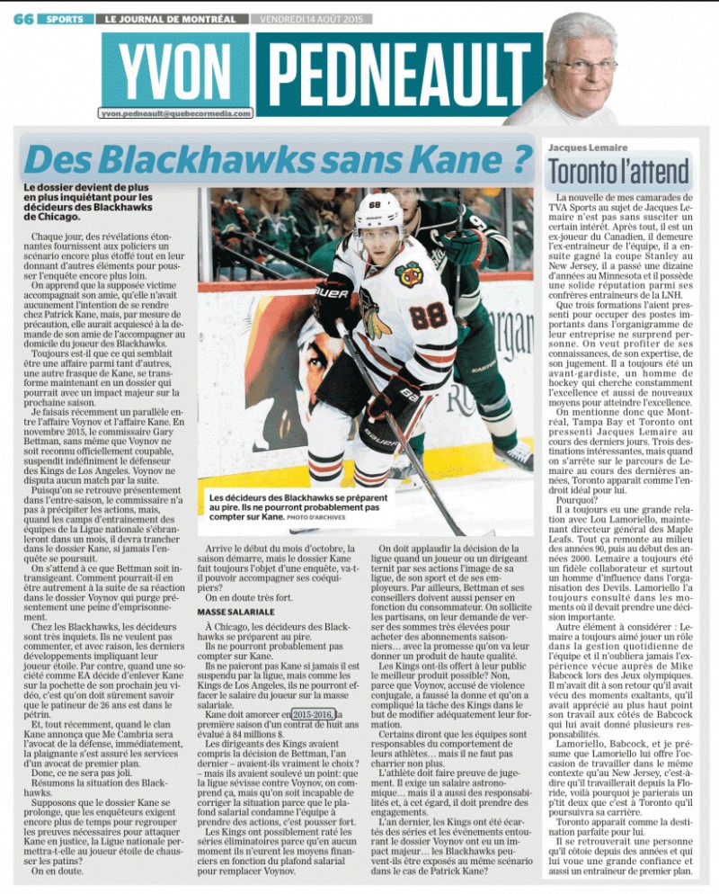 Nouvelle saison de NHL : des Blackhawks sans Patrick Kane ?