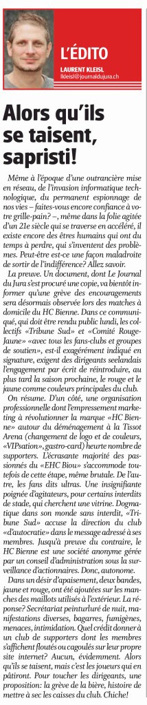 Ultras du HC Bienne : le coup de gueule de Laurent Kleisl