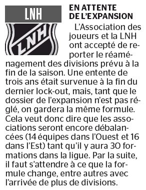 NHL : pas de réaménagement des divisions pour l'instant