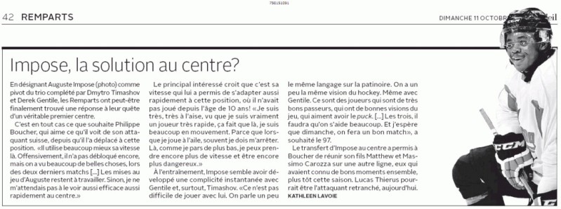 Auguste Impose promu 1er centre des Remparts de Québec