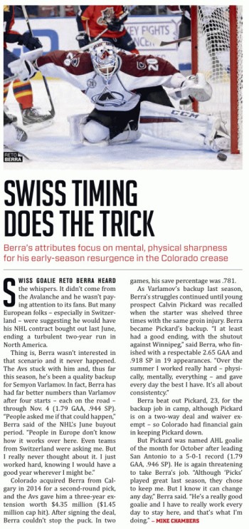 Reto Berra à l'honneur dans The Hockey News