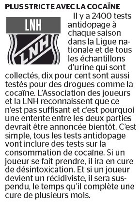 NHL : les tests antidopage pour déceler la cocaïne vont bondir