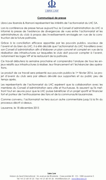 Les propriétaires du Lausanne HC réagissent par communiqué