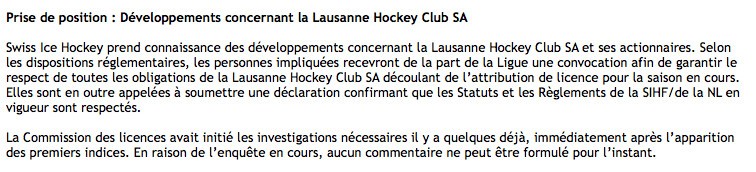 Et la position de la ligue au sujet du Lausanne HC