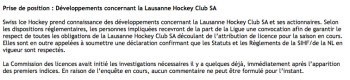 Et la position de la ligue au sujet du Lausanne HC