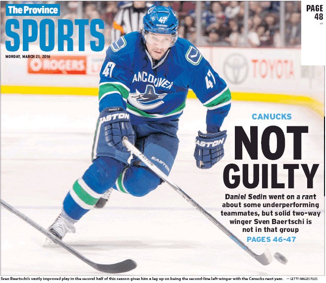 Sven Baertschi en Une du cahier sport de The Province