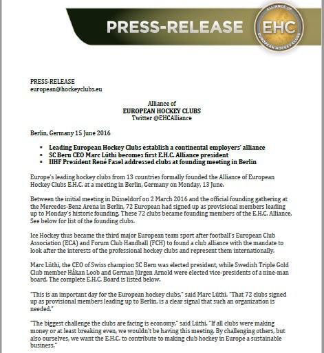 L'Alliance européenne des clubs de hockey compte 72 membres
