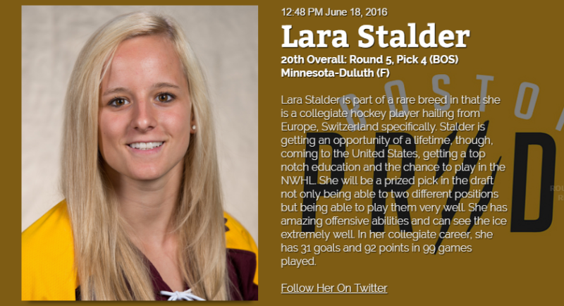Lara Stalder repêchée en National Women's Hockey League