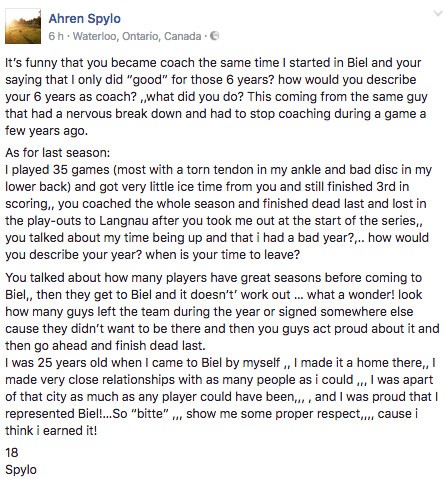 Un texte revanchard d'Ahren Spylo adressé à Kevin Schläpfer
