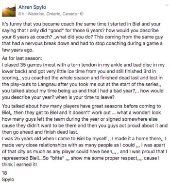 Un texte revanchard d'Ahren Spylo adressé à Kevin Schläpfer