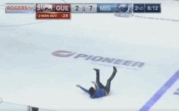 Un fan s'amuse sur la glace en plein match