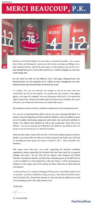 Un fan de PK Subban s'offre une page de remerciements dans la Gazette de Montréal