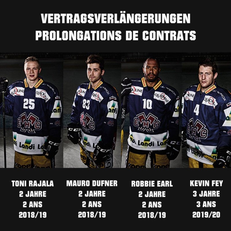 Toni Rajala, Robbie Earl, Mauro Dufner et Kevin Fey prolongent à Bienne