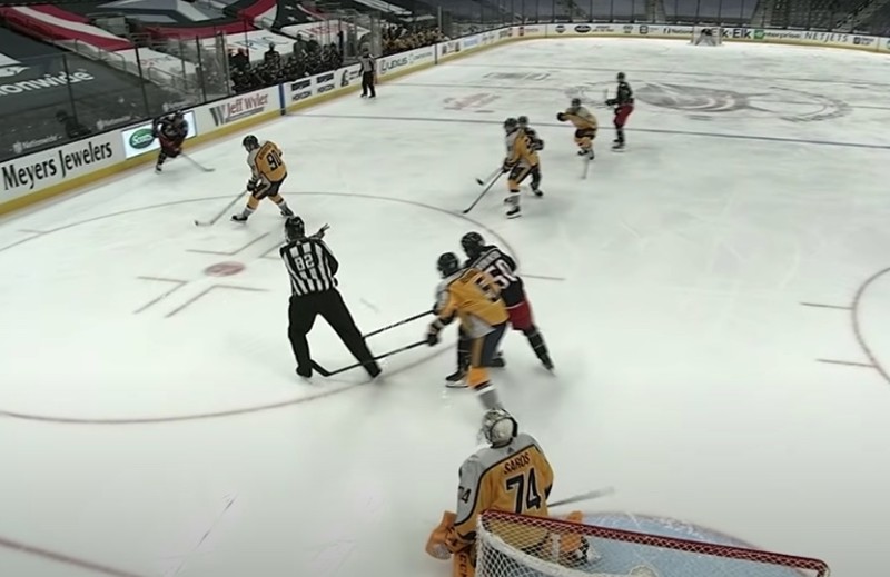 Un juge de ligne qui bloque la vision du gardien des Predators