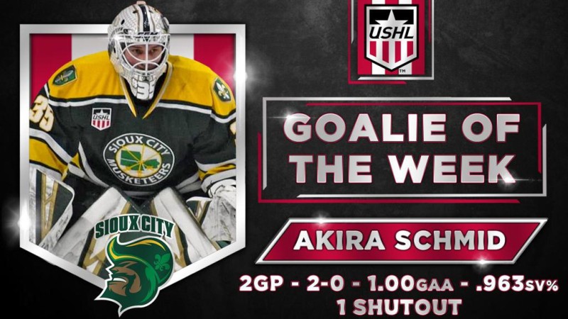 Akira Schmid nommé gardien de la semaine en USHL