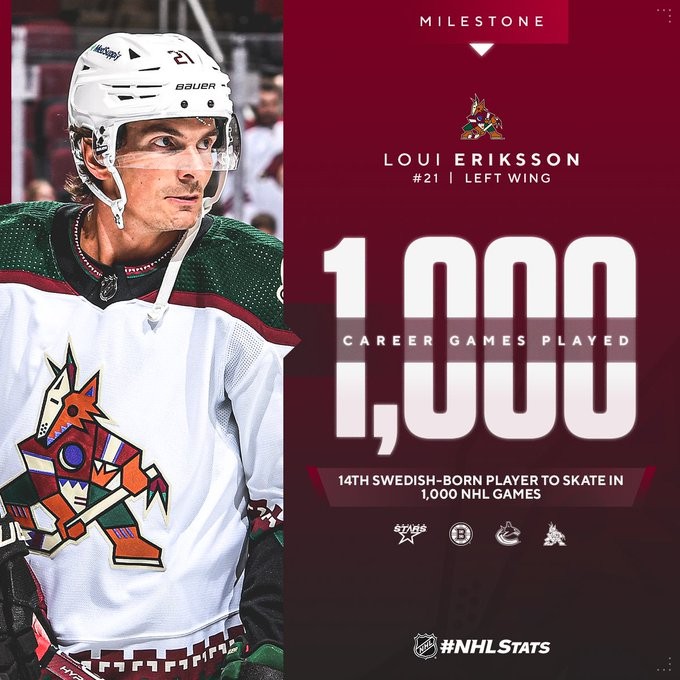 Loui Eriksson atteint lui aussi la marque des 1'000 matchs en NHL