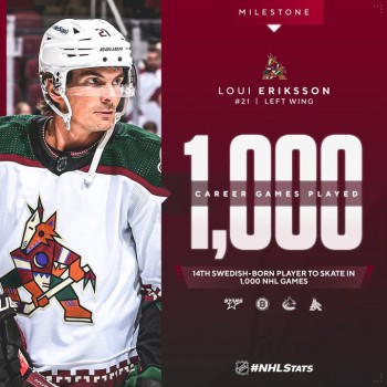 Loui Eriksson atteint lui aussi la marque des 1'000 matchs en NHL
