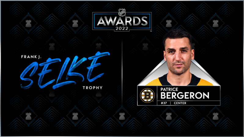 Patrice Bergeron remporte le trophée Frank J. Selke