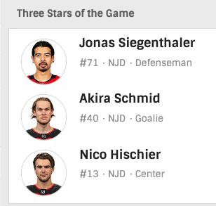 Les Suisses des Devils se partagent les trois étoiles du match