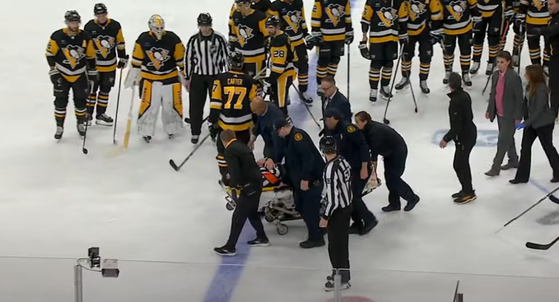 L'arbitre Steve Kozari sort sur une civière après une collision avec Hayden Fleury