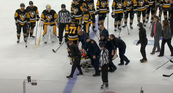 L'arbitre Steve Kozari sort sur une civière après une collision avec Hayden Fleury
