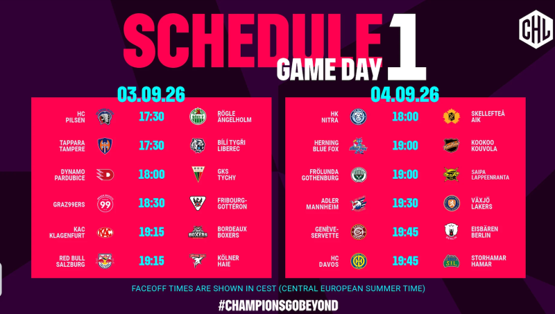 Die Champions Hockey League veröffentlicht ihren Spielplan für die Saison 2026-2027