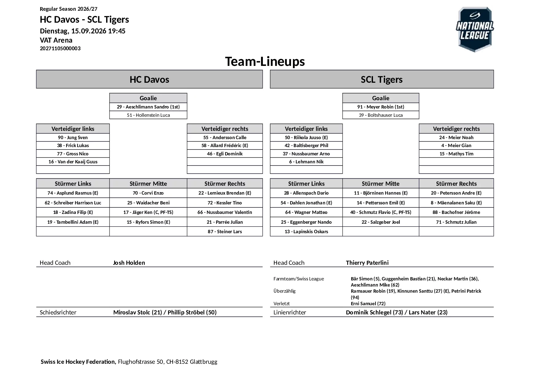 Formation des équipes et joueurs indisponibles pour le match HC Davos vs SCL Tigers