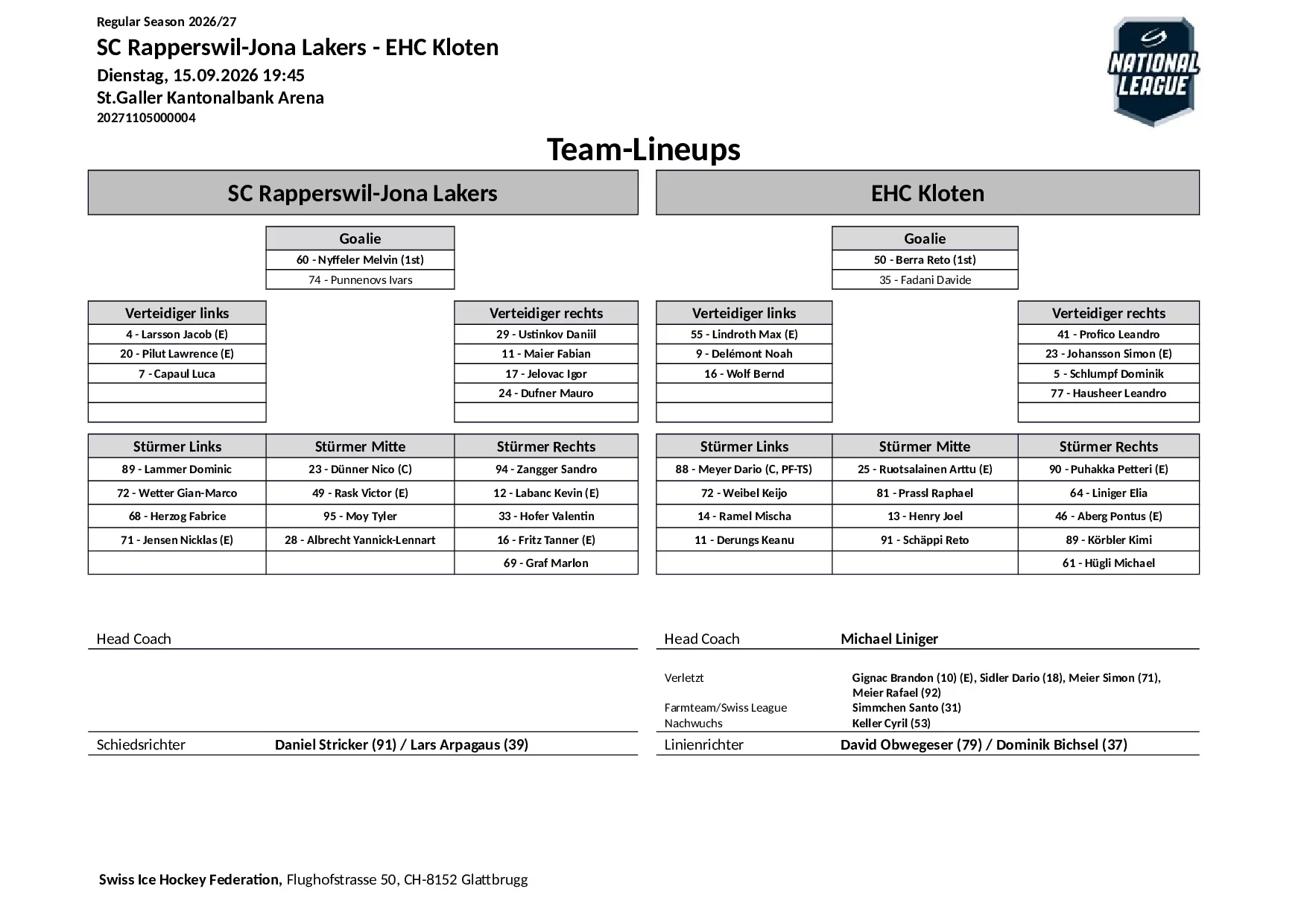 Formation des équipes et joueurs indisponibles pour le match SC Rapperswil-Jona Lakers vs EHC Kloten