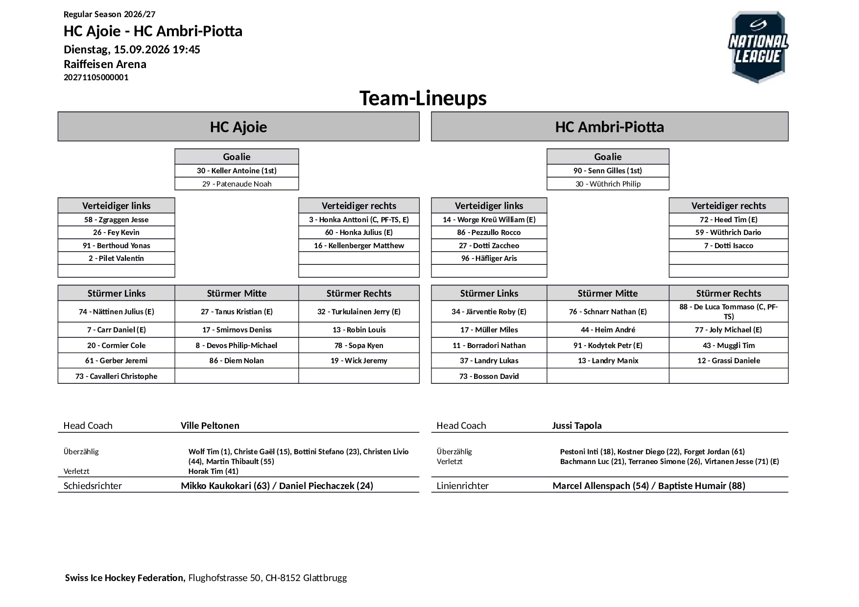 Formation des équipes et joueurs indisponibles pour le match HC Ajoie vs HC Ambri-Piotta