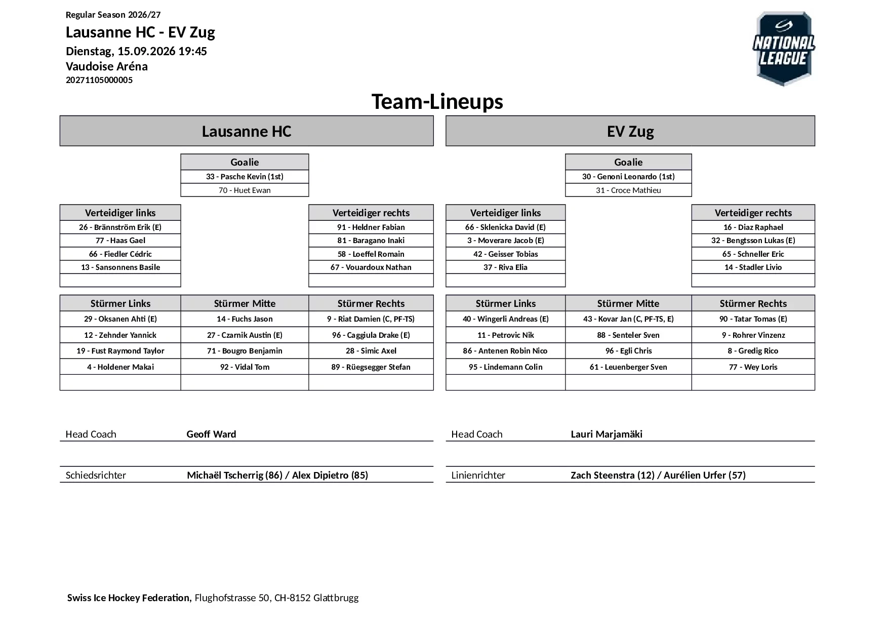 Formation des équipes et joueurs indisponibles pour le match Lausanne HC vs EV Zug