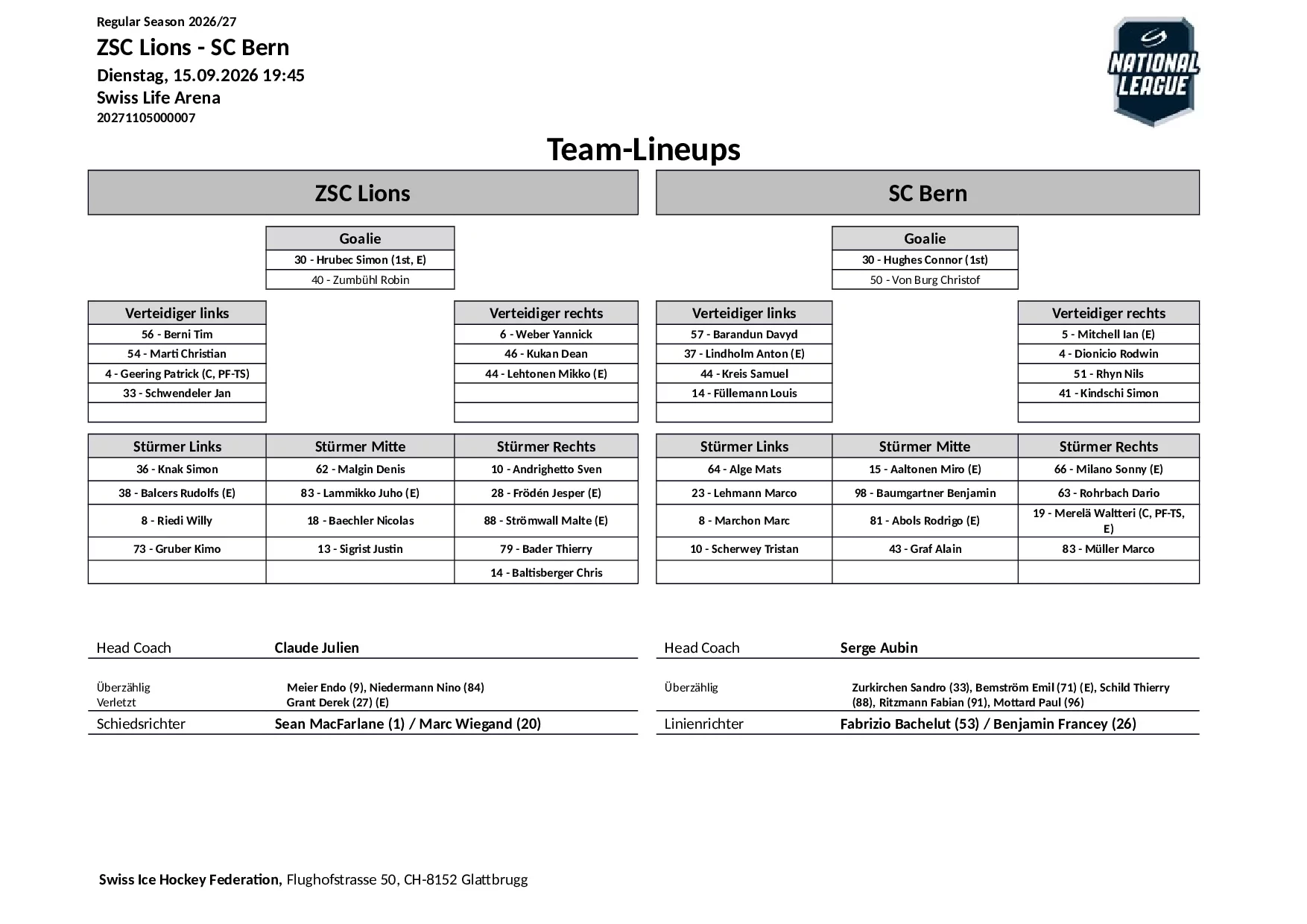 Formation des équipes et joueurs indisponibles pour le match ZSC Lions vs SC Bern