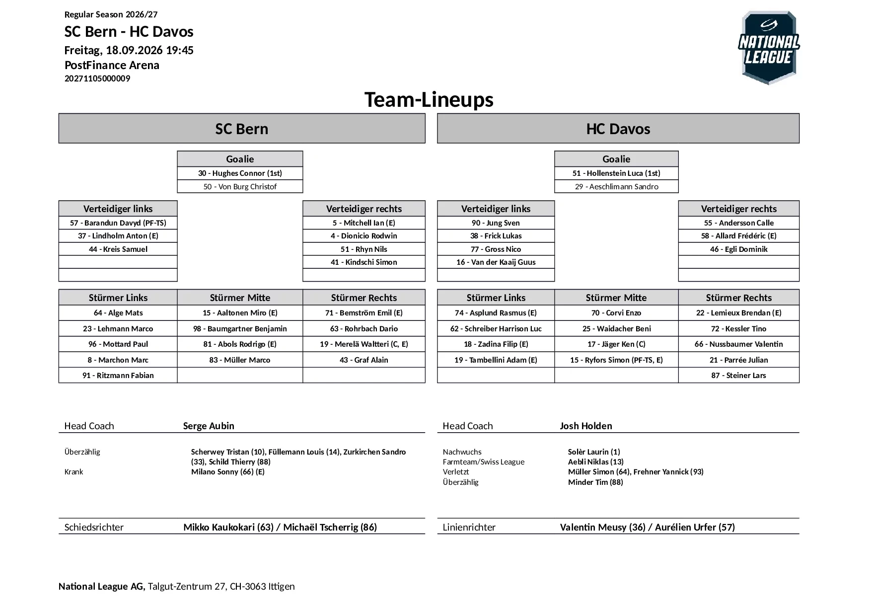 Formation des équipes et joueurs indisponibles pour le match SC Bern vs HC Davos