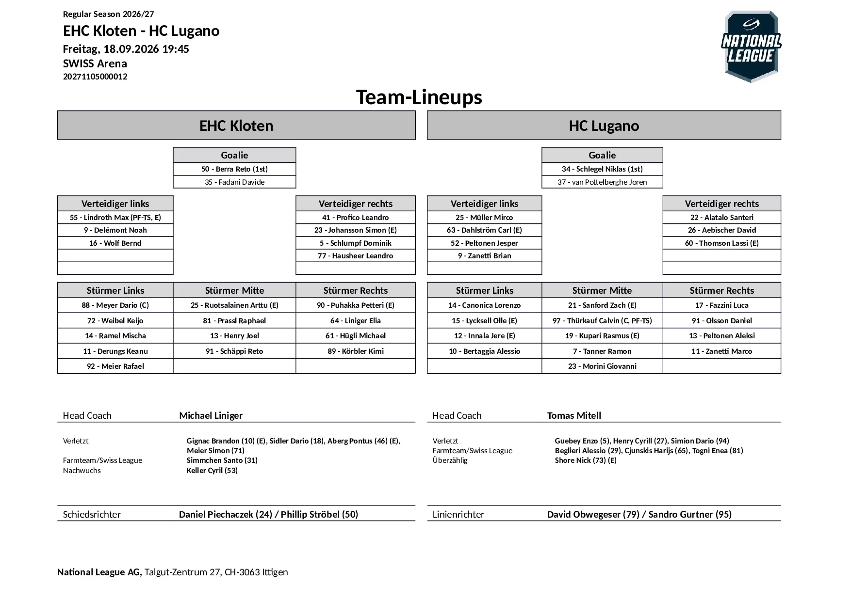 Formation des équipes et joueurs indisponibles pour le match EHC Kloten vs HC Lugano