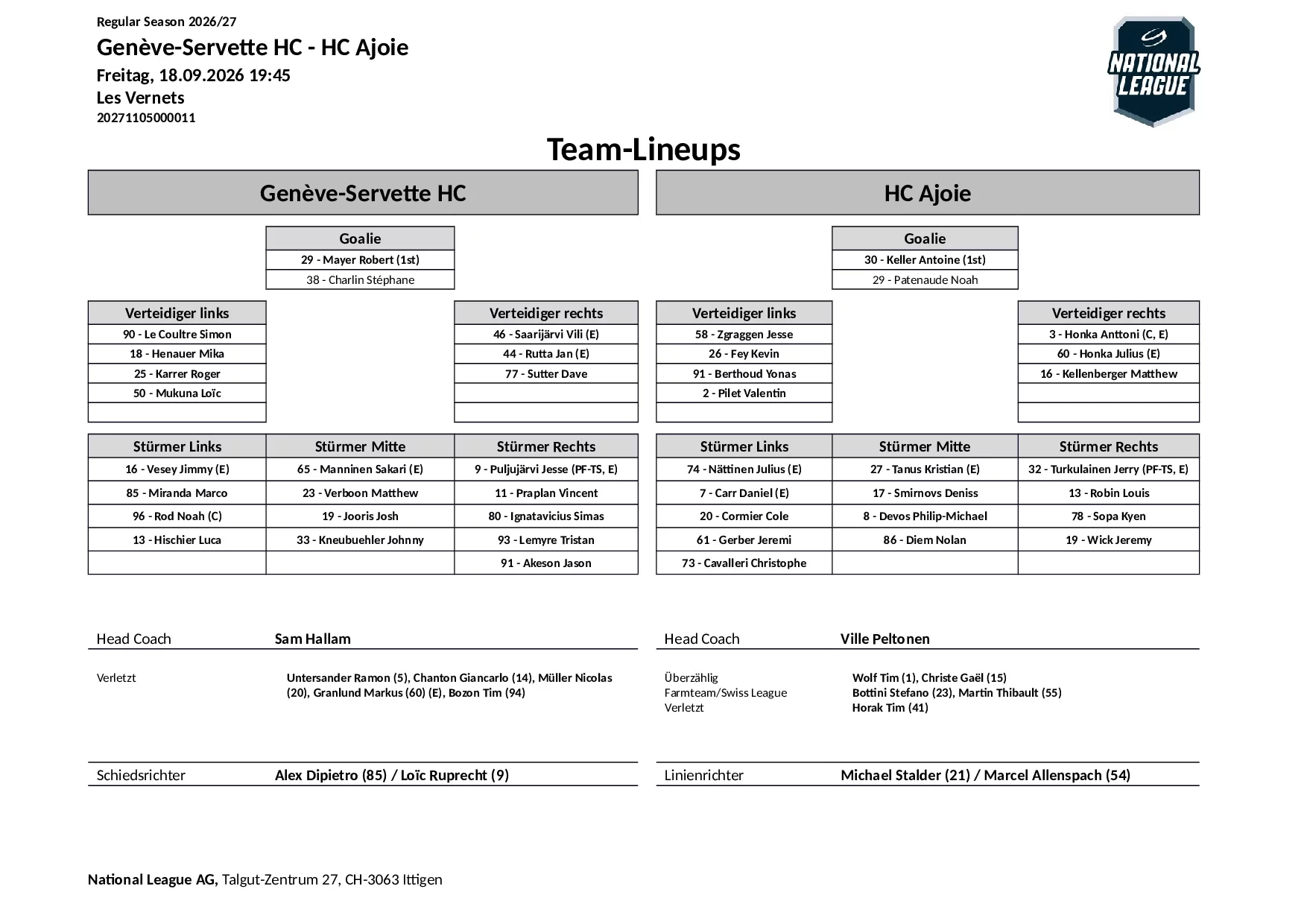 Formation des équipes et joueurs indisponibles pour le match Genève-Servette HC vs HC Ajoie