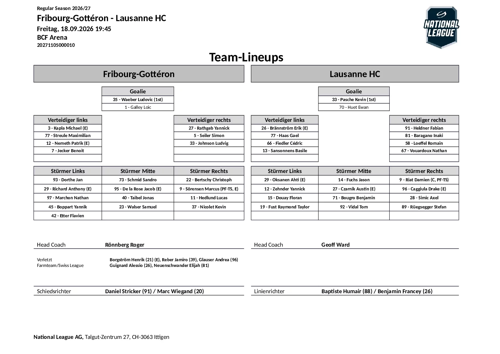 Formation des équipes et joueurs indisponibles pour le match Fribourg-Gottéron vs Lausanne HC