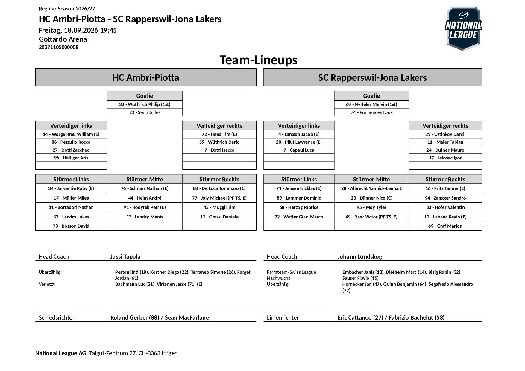 Formation des équipes et joueurs indisponibles pour le match HC Ambri-Piotta vs SC Rapperswil-Jona Lakers