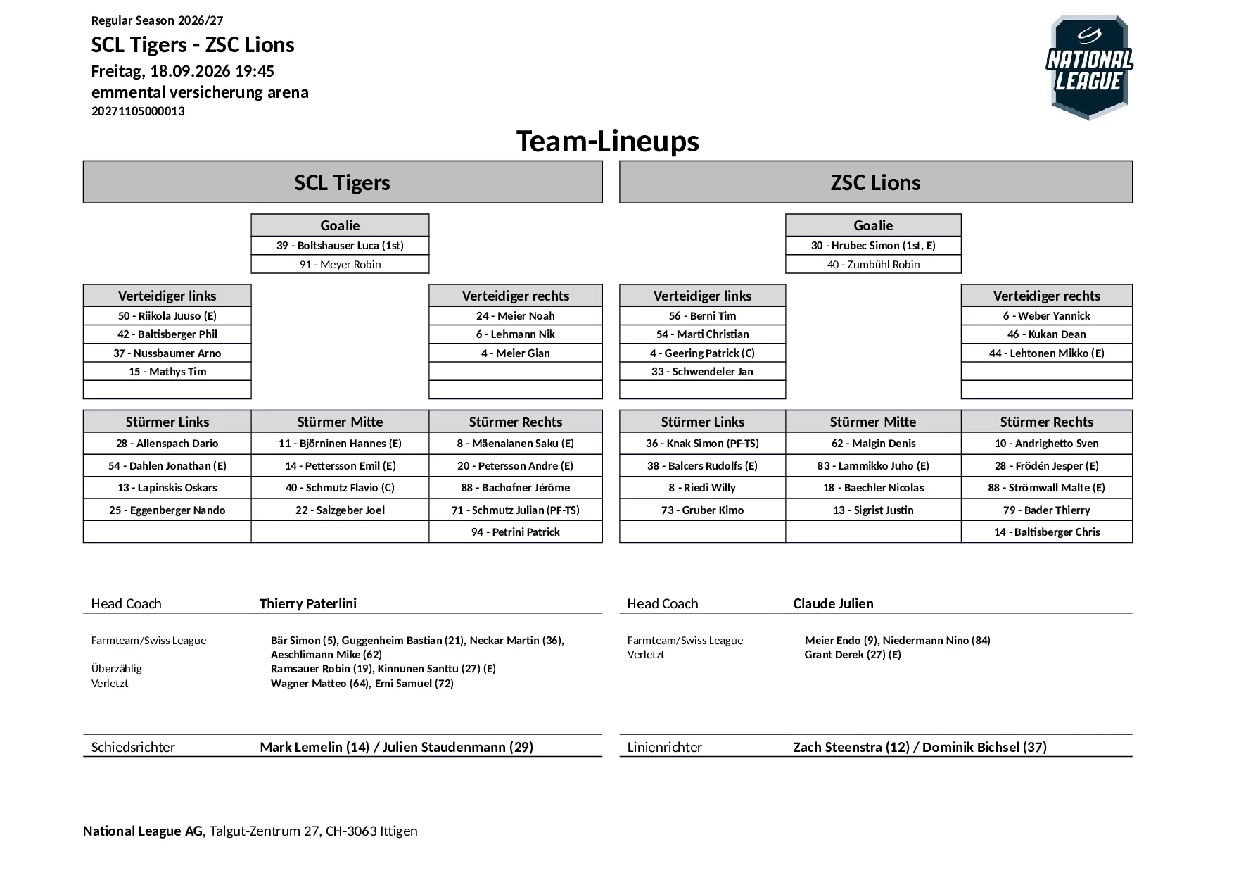 Formation des équipes et joueurs indisponibles pour le match SCL Tigers vs ZSC Lions