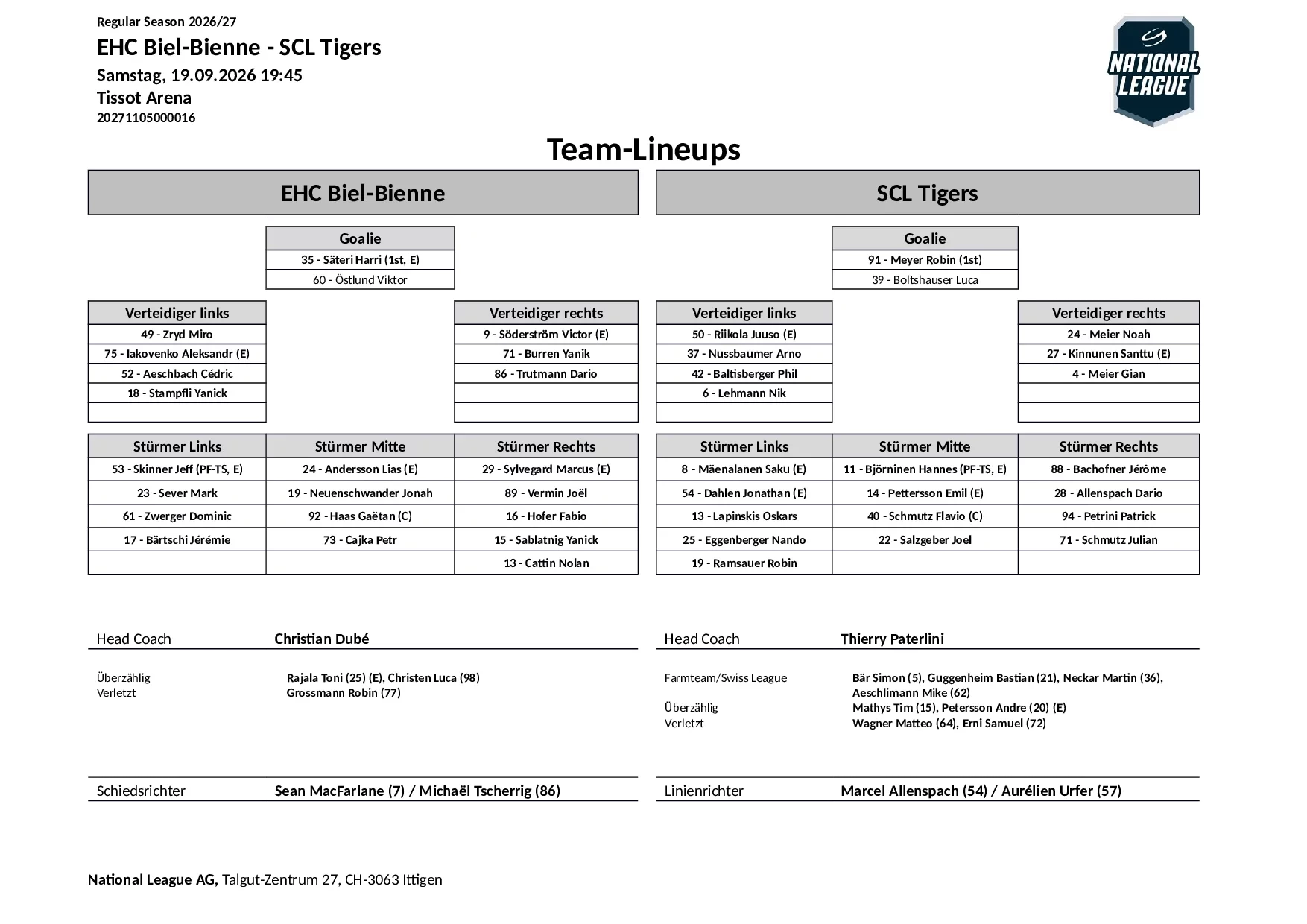 Formation des équipes et joueurs indisponibles pour le match EHC Biel-Bienne vs SCL Tigers