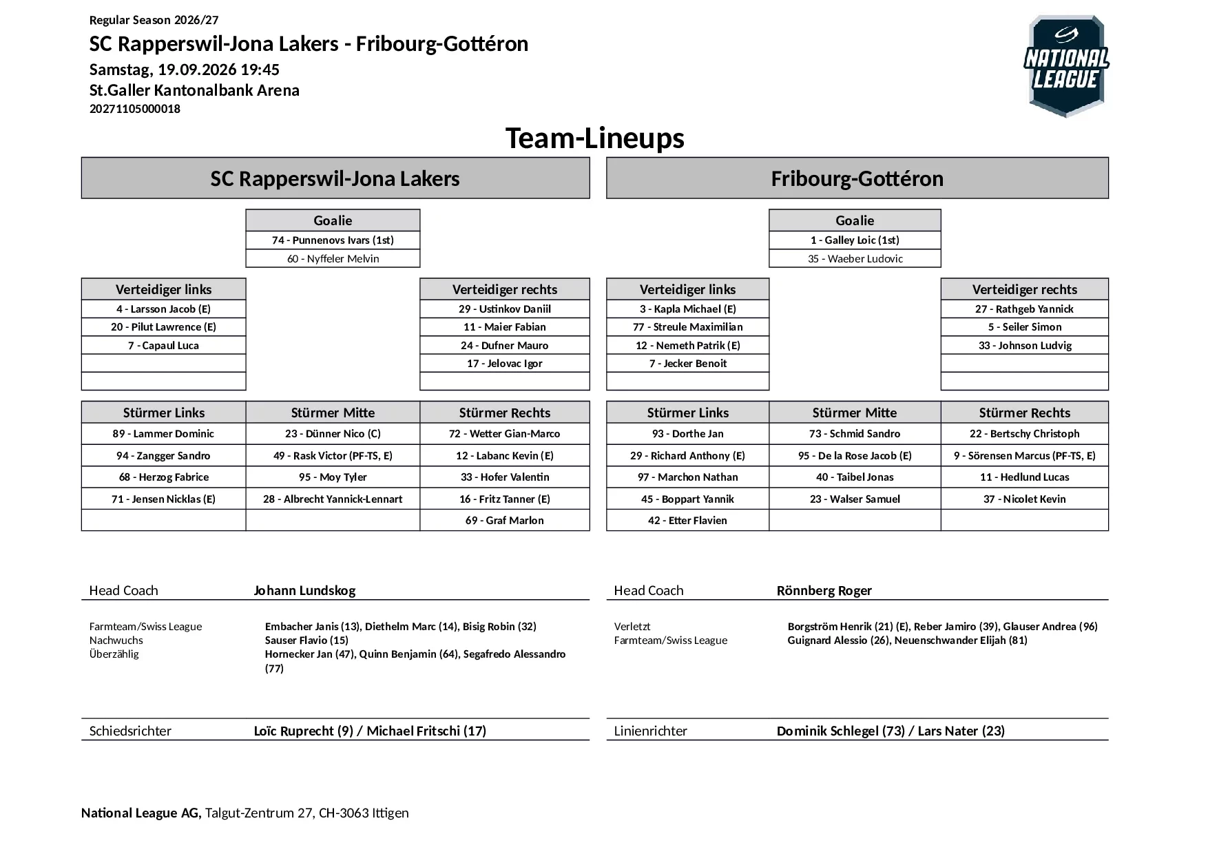 Formation des équipes et joueurs indisponibles pour le match SC Rapperswil-Jona Lakers vs Fribourg-Gottéron