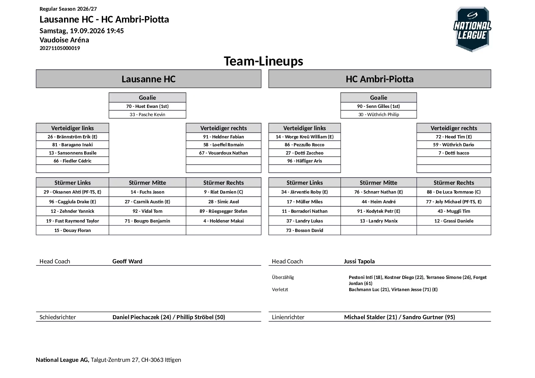 Formation des équipes et joueurs indisponibles pour le match Lausanne HC vs HC Ambri-Piotta