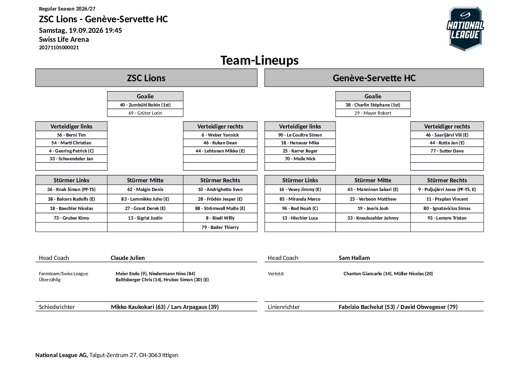 Formation des équipes et joueurs indisponibles pour le match ZSC Lions vs Genève-Servette HC